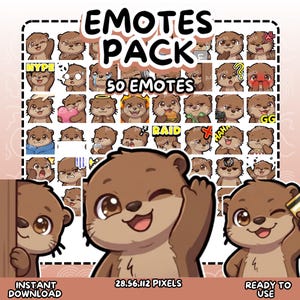 May include: A digital art graphic showcasing 50 otter emotes with diverse expressions. The image includes text such as "EMOTES PACK", "50 EMOTES", "HYPE", and "RAID". The emotes are designed for digital use, with a cartoon style.