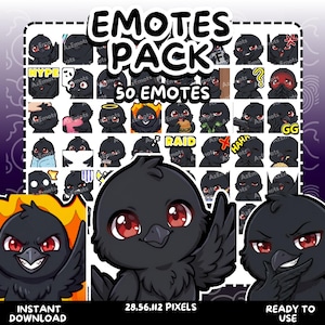 May include: A digital download graphic pack featuring 50 emotes with a black bird design and red eyes. The emotes include various expressions and text like "HYPE", "RAID", and "GG". The words "EMOTES PACK" are at the top.