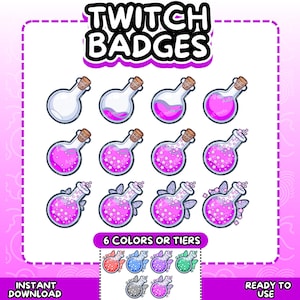 May include: A collection of Twitch badges featuring potion bottles with cork stoppers. The bottles contain pink liquid and star-shaped glitter. The image includes the text "Twitch Badges", "6 Colors or Tiers", "Instant Download", and "Ready to Use".