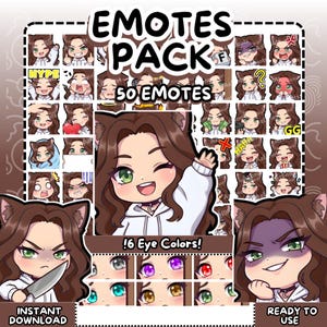 May include: Digital download graphic pack featuring 50 emotes with a cartoon character in various expressions. Includes 6 eye colour options. Text on the image reads "EMOTES PACK", "50 EMOTES", "!6 Eye Colors!", "INSTANT DOWNLOAD", and "READY TO USE".