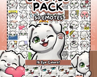 Twitch Emotes | 50 White Dog Emotes Twitch Pack | Mega Bundle Cute Chibi Puppy | Discord & Kick Emotes | 6 Eye Colors (Digital Download)