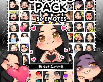 Twitch Emotes | 50 Black Hair Girl Twitch Emotes Pack | 6 Eye Colors | Discord Emotes | Straight Hair Emotes | Girl Emotes | Chibi Emotes