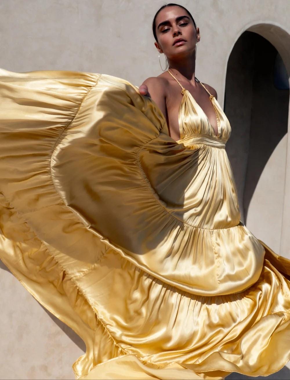 Gold Satin Backless Maxi Dress With Tassel Tie | Halter Neck Boho Evening  Gown | Flowy Tiered Resort Party Dress - Etsy