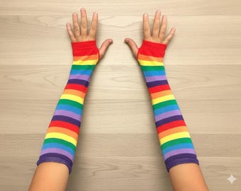 Rainbow Elbow Length Fingerless Gloves • Pride Parade Arm Warmers • LGBTQ+ Rainbow Stripe Gloves • Polyester Blend Costume Accessories