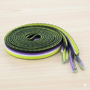 May include: A rolled-up pair of shoelaces in non-binary pride colors: black, yellow, white, and purple. The laces are made of a woven fabric and have clear plastic aglets on the ends.