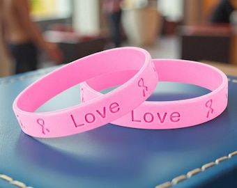 Breast Cancer Awareness Pink Ribbon Silicone Bracelets Bulk | Hope Faith Love Wristbands | Fundraiser Jewelry, Pink Cancer Wristbands