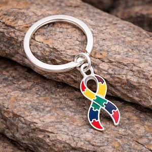 May include: Silver keychain with a colorful puzzle ribbon charm. The ribbon features red, yellow, green, blue, and purple segments. The keychain is displayed on a textured, brown stone surface.