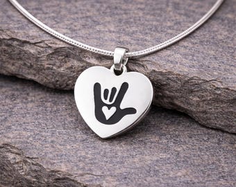 Deaf Awareness “I Love You” ASL Heart Necklace – Silver Sign Language I Love You Charm on 17” Snake Chain – Deaf Pride Support Gift