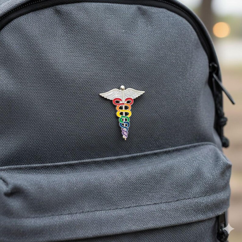 Peut inclure: &Eacute;pinglette argent&eacute;e repr&eacute;sentant un symbole m&eacute;dical avec un b&acirc;ton et des ailes aux couleurs de l'arc-en-ciel, fix&eacute;e sur un sac &agrave; dos gris. L'&eacute;pinglette pr&eacute;sente un design de caduc&eacute;e avec un d&eacute;grad&eacute; arc-en-ciel, symbolisant l'inclusion et le soutien.