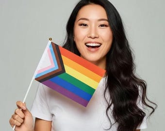 Small Progress Pride Flag on Stick (5.5" x 8") – Bulk Daniel Quasar Inclusive Rainbow Hand Flag – LGBTQ Parade Event Giveaway, Pride Flag