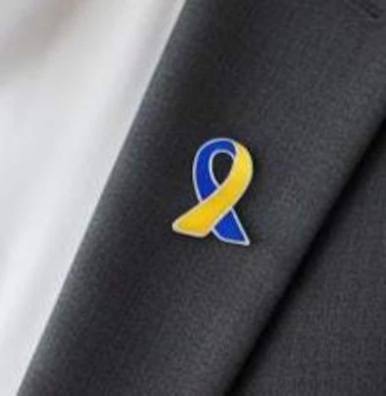 Yellow Riban Pin Blue and Yellow Awareness Ribbon Lapel Pin, Small 1/2” Ribbon Pin, Down ...