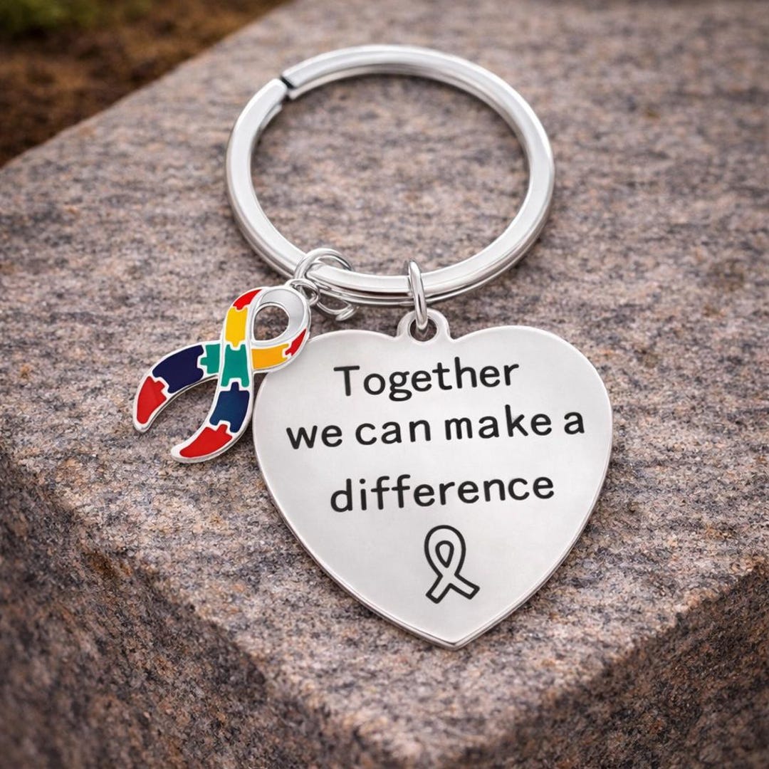 Autism Awareness Ribbon Heart Key Chain – Sterling Silver Plated Heart ...