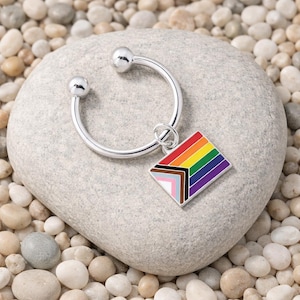 Progress Pride Flag Keyring – Daniel Quasar Flag Keychain – LGBTQ+ Keychain – Horseshoe Key Ring with Rainbow & Chevron Charm – Pride Gift