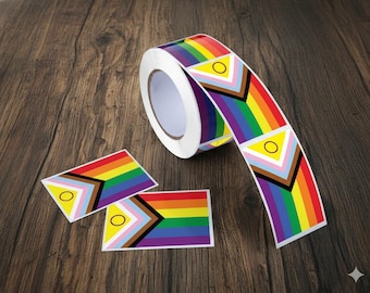 Intersex-Inclusive Progress Pride Flag Stickers – 1.25" x 2" Rectangle LGBTQIA+ Support Labels, 250 per Roll, Gay Pride Flag Stickers