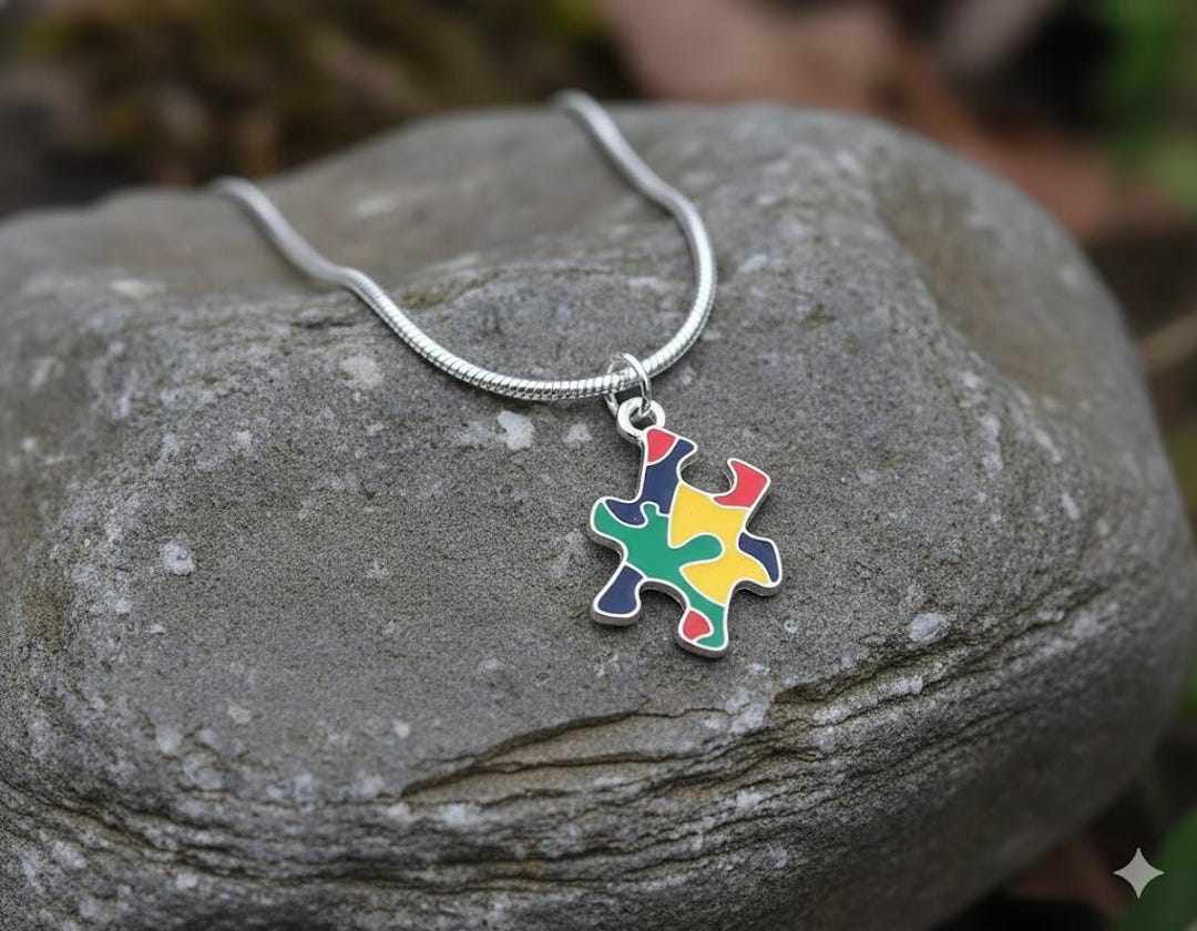 Autism Puzzle Piece Necklace | Multicolor Awareness Charm on 17