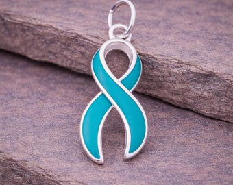 PTSD Awareness Ribbon Charm | Teal Ribbon Jewelry Charm | Post Traumatic Stress Disorder Pendant | Mental Health Jewelry | Sterling Silver