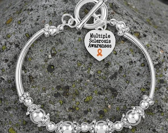 Multiple Sclerosis Awareness Charm Partial Beaded Bracelets – Sterling Silver Plated, Support Gift, Fundraising Jewelry, Orange Ribbon Gifts