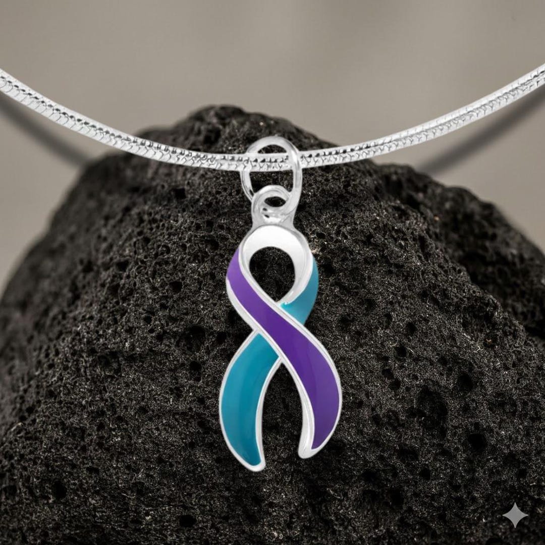 Teal and Purple Awareness Ribbon Necklace – Sterling Silver Plated ...
