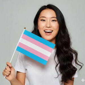 May include: A small flag with the transgender pride colors of light blue, pink, and white. The flag is held by a person wearing a white t-shirt. The background is a solid light gray.