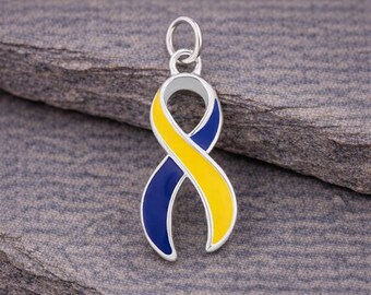 Blue and Yellow Ribbon Awareness Charms – Down Syndrome & Ukraine Support Sterling Silver Plated Craft Supplies, Jewelry Making, Bulk Charms