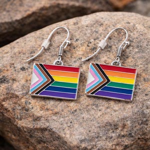 Daniel Quasar Progress Pride Flag Earrings • LGBTQ Inclusive Dangle Earrings • Silver Plated • Rainbow & Trans Chevron Jewelry • Pride Gift