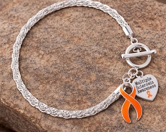 Multiple Sclerosis Awareness Orange Ribbon Rope Bracelet – Sterling Silver Plated, MS Support Gift, Mulitlple Sclerosis Fundraising Jewelry