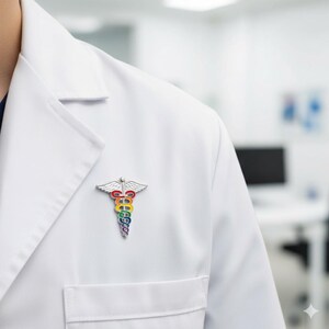 Peut inclure: &Eacute;pinglette m&eacute;dicale argent&eacute;e en forme de caduc&eacute;e avec des rayures arc-en-ciel, fix&eacute;e sur une blouse blanche. L'&eacute;pinglette repr&eacute;sente des ailes au-dessus de deux serpents entrelac&eacute;s. L'arri&egrave;re-plan est un cabinet m&eacute;dical flou.