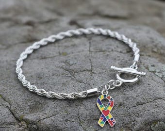 Autism Awareness Ribbon Charm Bracelet – Sterling Silver Plated – Aspergers Puzzle Ribbon Charm Bracelet for Fundraising, Gifts & Support