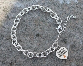 Multiple Sclerosis Awareness Bracelet – Orange Ribbon Silver Heart Charm Chunky Bracelet, Sterling Silver Plated Fundraiser Jewelry