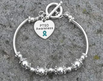 PTSD Awareness Heart Charm Partial Beaded Bracelets
