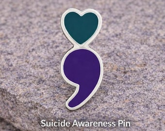 Semicolon Shaped Suicide Prevention Awareness Lapel Pin • Sterling Silver Plated • Buk Teal Heart Purple Comma • Mental Health Support Gift