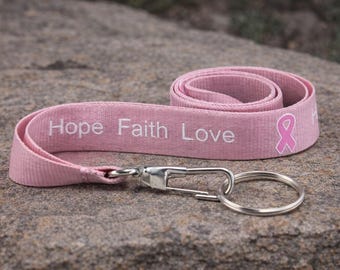 Breast Cancer Awareness Lanyards | Pink Ribbon Hope Faith Love Badge Holders | Bulk Awareness Event Supplies | Survivor Support Gifts