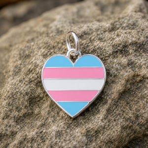 May include: A heart-shaped pendant featuring horizontal stripes of light blue, pink, and white enamel. The charm is framed in a silver-toned metal and includes a small circular jump ring at the top for attachment to a chain or bracelet.