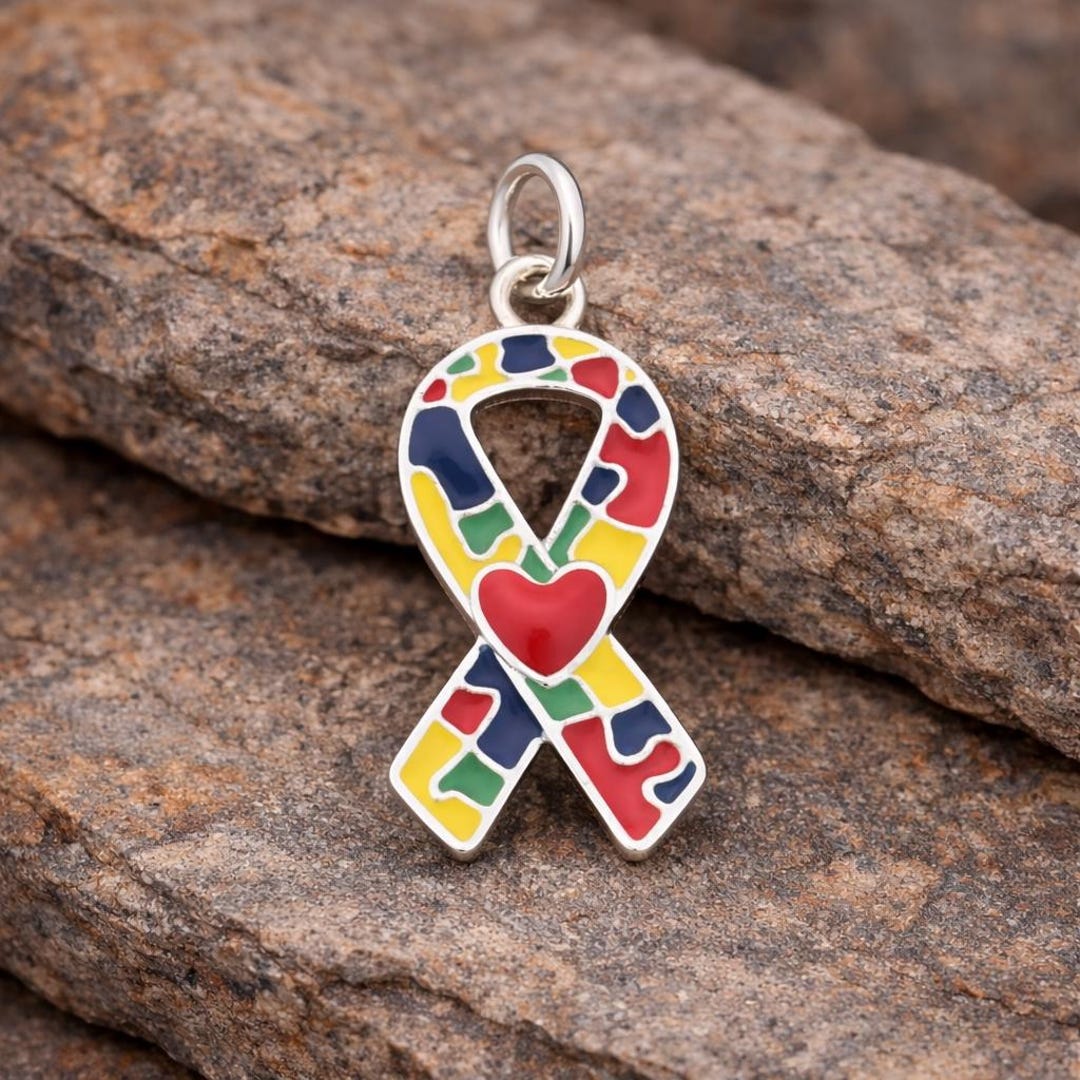 Autism Awareness Ribbon Heart Puzzle Charms | Sterling Silver Plated ...