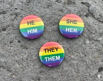 Pronoun Rainbow Pride Button Pin 2” – He/Him, She/Her, They/Them LGBTQ+ Inclusive Pin, Pride Parade Fundraiser Giveaway, Inexpensive Bulk