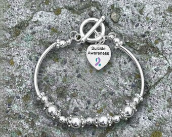 Suicide Awareness Bracelet Teal Purple Ribbon – Silver Beaded Heart Charm Stretch Bracelet, Suicide Prevenion and Awareness Gifts