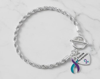 Suicide Awareness Bracelet – Teal & Purple Ribbon Bracelet, Sterling Silver Plated, Mental Health Gift, Awareness Jewelry, Fundraising