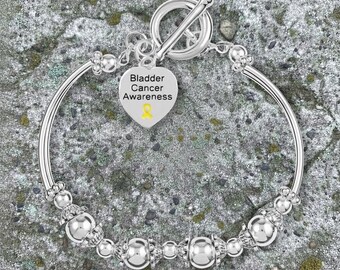 Bladder Cancer Awareness Bracelet – Yellow Ribbon Heart Charm, Silver Beaded Stretch Bracelet, Support Gift, Fundraising Jewelry