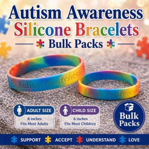 May include: Two colorful Autism Awareness silicone bracelets. One is rainbow-colored, the other is blue and yellow. The adult size is 8 inches and the child size is 6 inches. The text on the bracelets reads "Autism Awareness".