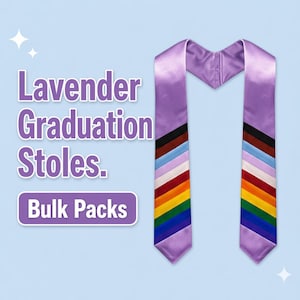 May include: Lavender graduation stoles with a variety of colored stripes. The stoles are lavender and have a V-neck design. The text "Lavender Graduation Stoles. Bulk Packs" is displayed on a light blue background.
