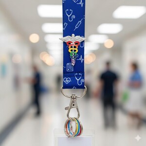 Peut inclure: Un cordon bleu sur le th&egrave;me m&eacute;dical, avec un charme de caduc&eacute;e arc-en-ciel et des symboles m&eacute;dicaux blancs. Le cordon a un fermoir argent&eacute; et des porte-cl&eacute;s avec des accents color&eacute;s, id&eacute;al pour les professionnels de la sant&eacute;.