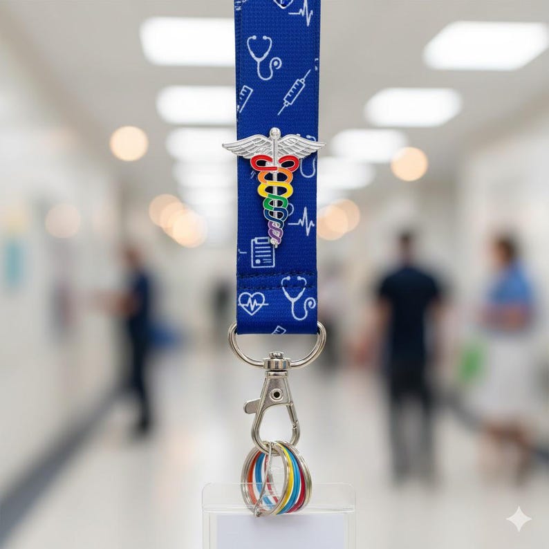 Peut inclure: Un cordon bleu sur le th&egrave;me m&eacute;dical, avec un charme de caduc&eacute;e arc-en-ciel et des symboles m&eacute;dicaux blancs. Le cordon a un fermoir argent&eacute; et des porte-cl&eacute;s avec des accents color&eacute;s, id&eacute;al pour les professionnels de la sant&eacute;.