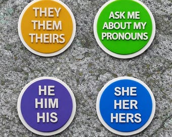 Bulk They/Them, She/Her, He/Him Ask Me Pronoun Silicone Pin | 1” Circle LGBTQ+ Pronoun | Gay Pride Parade Giveaway Pin, Cheap Pronoun Pins