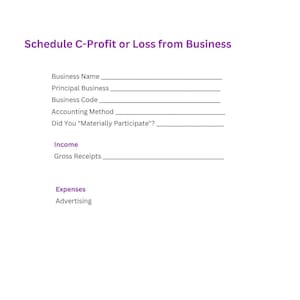 Può includere: Un documento bianco intitolato "Schedule C-Profit or Loss from Business" con campi di testo per informazioni aziendali, reddito e spese. Include sezioni per il nome dell'azienda, il codice e le spese pubblicitarie.
