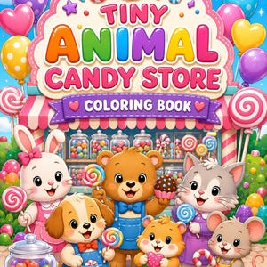 May include: A coloring book cover titled Tiny Animal Candy Store featuring a colorful candy shop storefront with glass jars of sweets. Six cartoon animals including a rabbit, bear, dog, hamster, cat, and mouse hold various colorful candies.