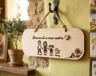 Gepersonaliseerde houten familieplaat - Deurplaat met pyrografie - Naamplaat - Cadeau voor een nieuw huis - Rustieke decoratie - Welkomstcadeau