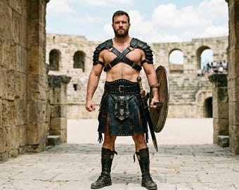 Gladiatorleren harnaskostuum | Outfit Romeinse krijger | Handgemaakte lederen gevechtsuitrusting | Krijgerkostuum heren | Cosplay-harnasset
