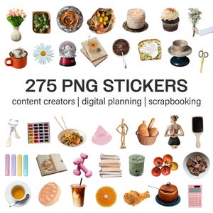 Puede incluir: Una colección de 275 pegatinas PNG para creadores de contenido, planificación digital y scrapbooking. La imagen presenta varios alimentos, artículos de papelería y objetos decorativos, incluyendo una magdalena, una vela y una calculadora.