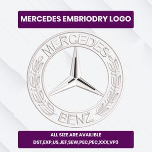 May include: White embroidered Mercedes-Benz logo. The design features the Mercedes star emblem within a circular frame, with the word "MERCEDES" at the top and "BENZ" at the bottom. The text "MERCEDES EMBRIODRY LOGO" is above the logo.