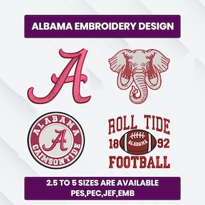 Könnte beinhalten: Ein Stickdesign mit dem Wort "ALABAMA" und dem Buchstaben "A" in Karmesinrot. Enthält auch eine Elefanten-Grafik, einen runden Aufnäher mit "ALABAMA CRIMSON TIDE" und eine Football-Grafik mit "ROLL TIDE FOOTBALL". Verfügbare Größen: 6,35 bis 12,7 cm.